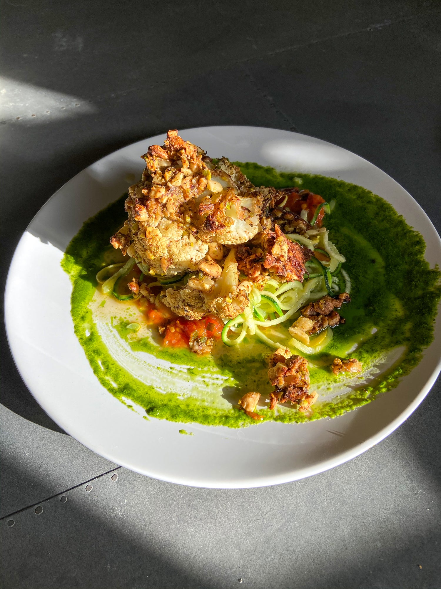 Vegan Crusted Cauliflower Over Squash Noodles