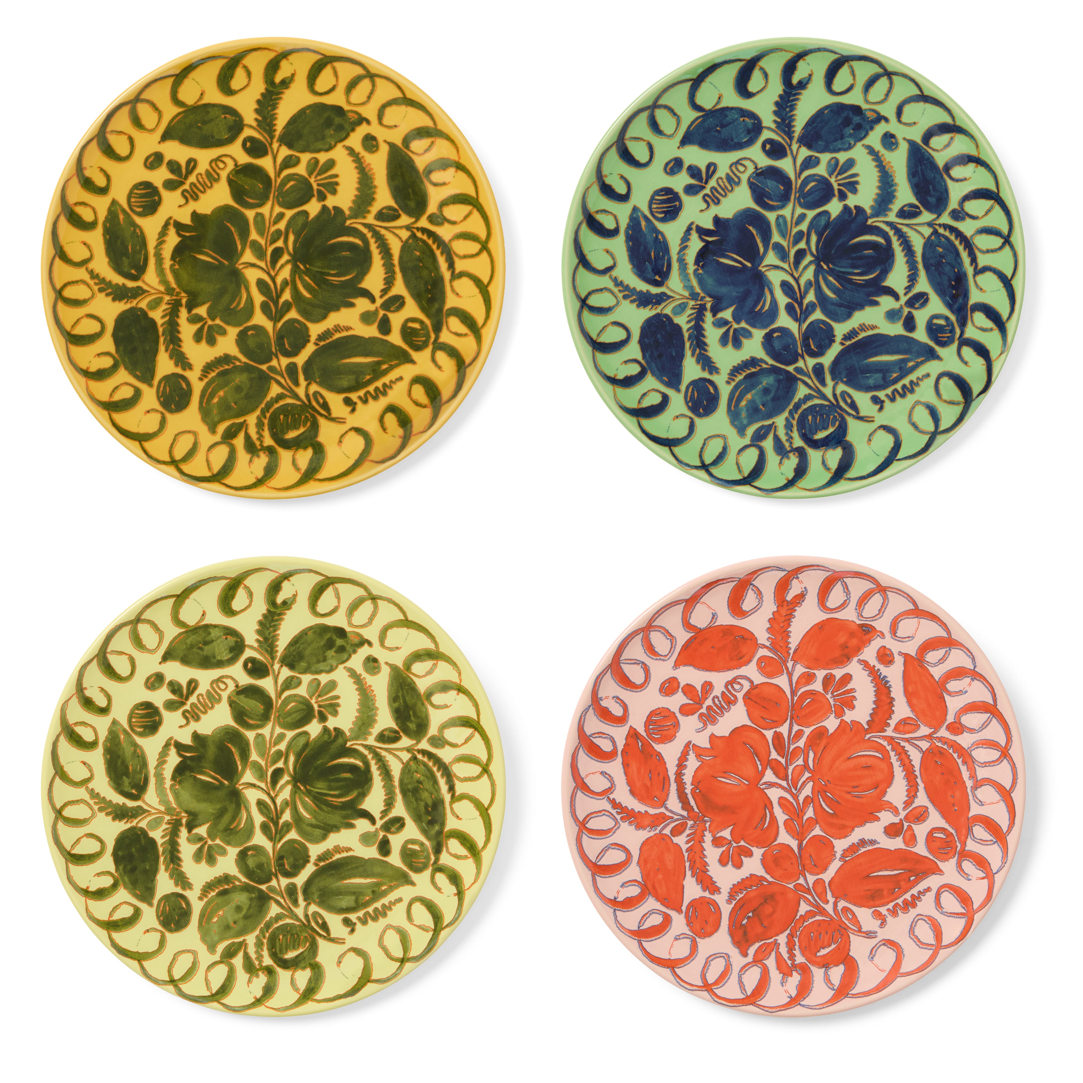 green, mustard, lime, pink