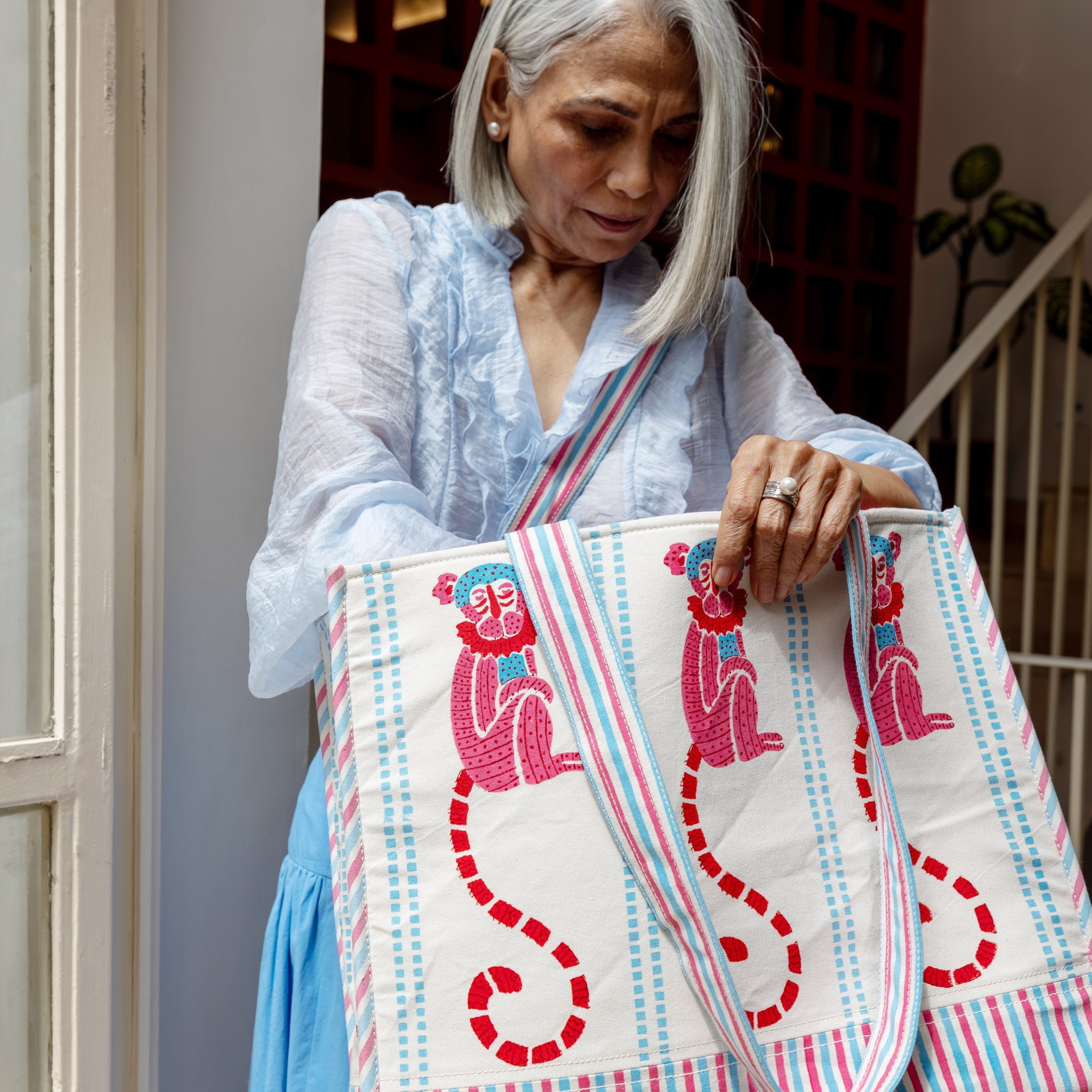 Monkey Blue & Pink Tote Bag