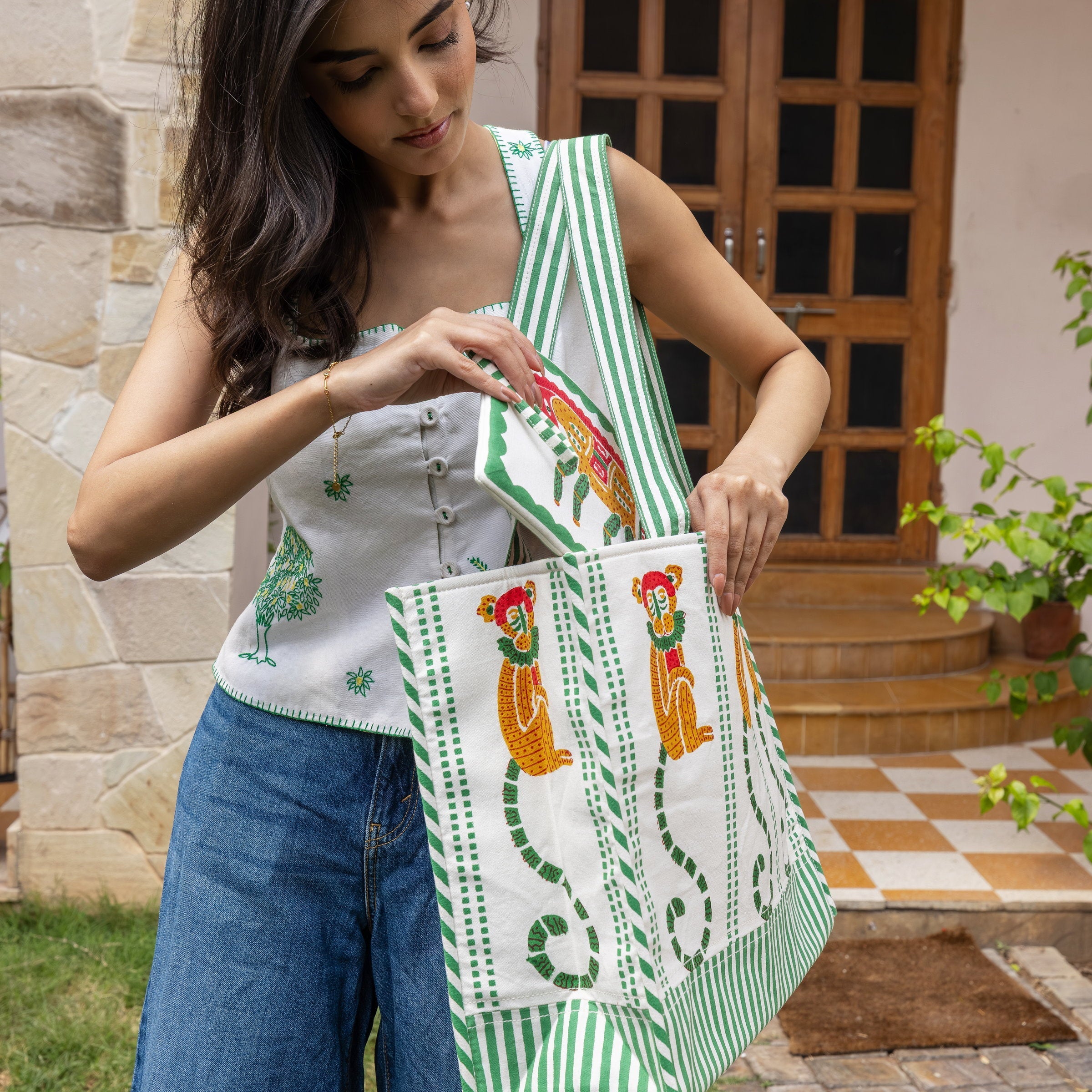 Monkey Green & Red Tote Bag