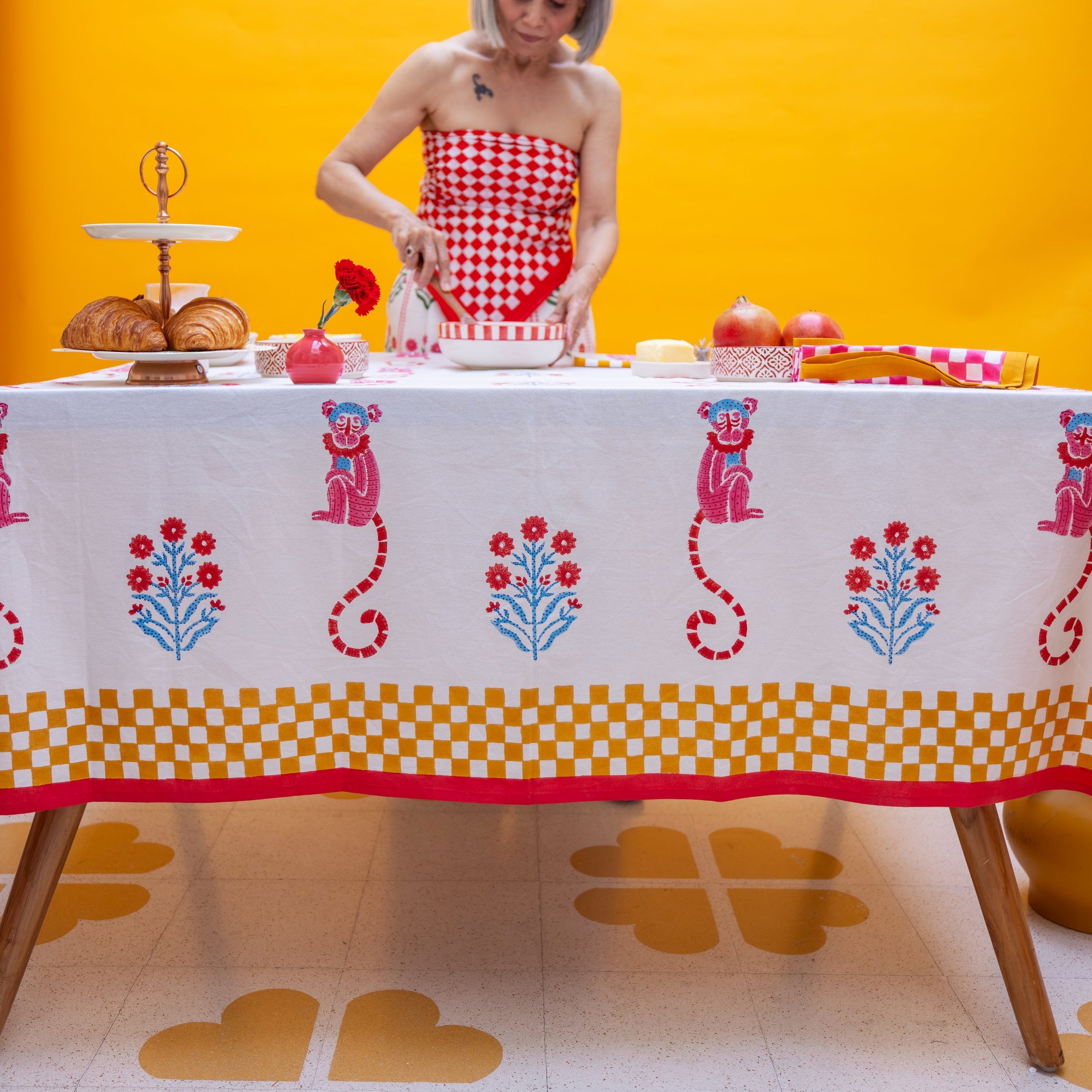Monkey Mustard & Pink Tablecloth