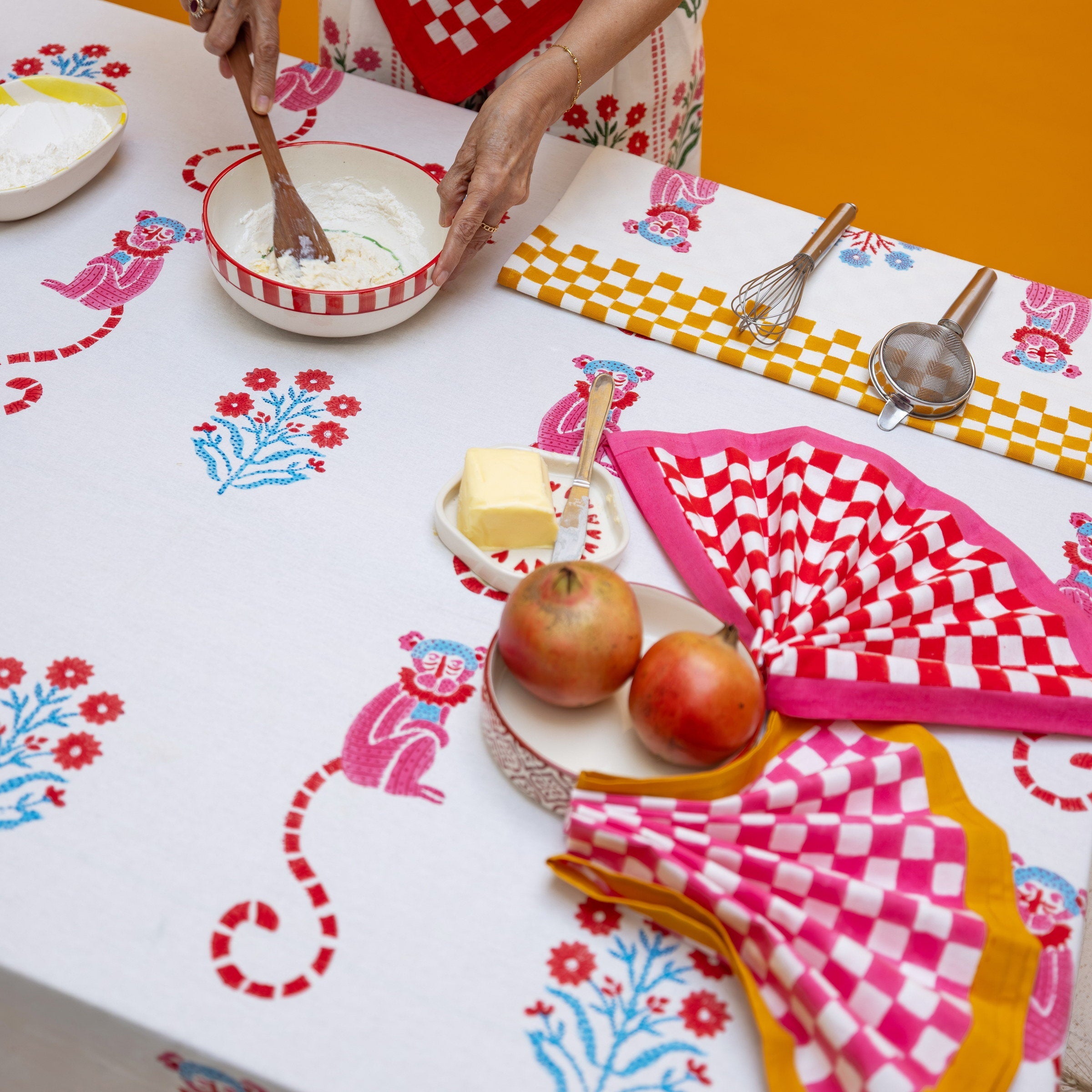 Monkey Mustard & Pink Tablecloth